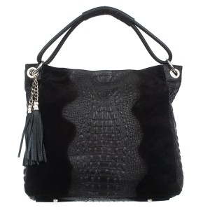 Duża Torebka Skórzana Zamszowa Vezze Piazza Czarna