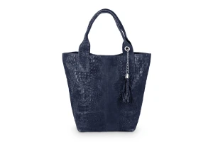 Torba Skórzana Vera Pelle Olivia Croco Worek Granatowa
